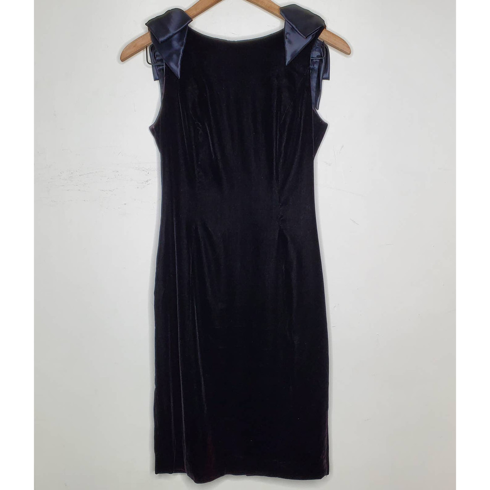 Vintage Cache Black Velvet Evening Dress Pearl Strand Back Satin Bow, sz 4